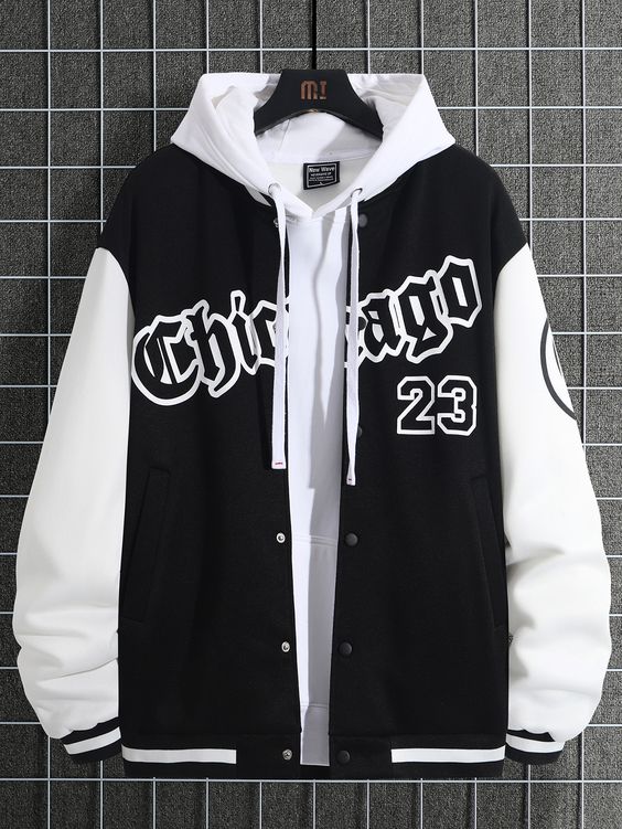 Black and White Casual Collar Long Sleeve Fabric Colorblock,Letter Varsity Embellished Medium Stretch  Men Clothing