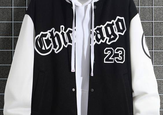 Black and White Casual Collar Long Sleeve Fabric Colorblock,Letter Varsity Embellished Medium Stretch  Men Clothing