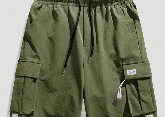 Army Green Street Collar  Woven Fabric Letter Straight Leg Embellished Non-Stretch  Men Clothing