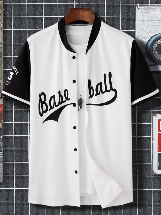 Black and White Preppy Collar Short Sleeve Polyester Letter Shirt Embellished Slight Stretch Summer Men Tops