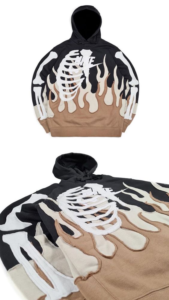 Insta : Artifice.original New 1 of 1 ‘Double Flame Skull/skeleton’ Nike Hoodie (Size M)☠️⚪️🟤⚫️ Entirely made by hand(sewing) with material sweatshirt 🖇 Available now!! (Link in bio for the shop)
