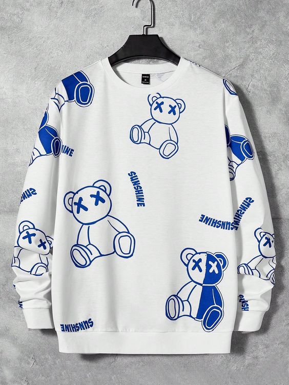 Blue and White Casual Collar Long Sleeve Knitted Fabric Cartoon,Letter Pullovers Embellished Slight Stretch Spring/Fall Men Clothing