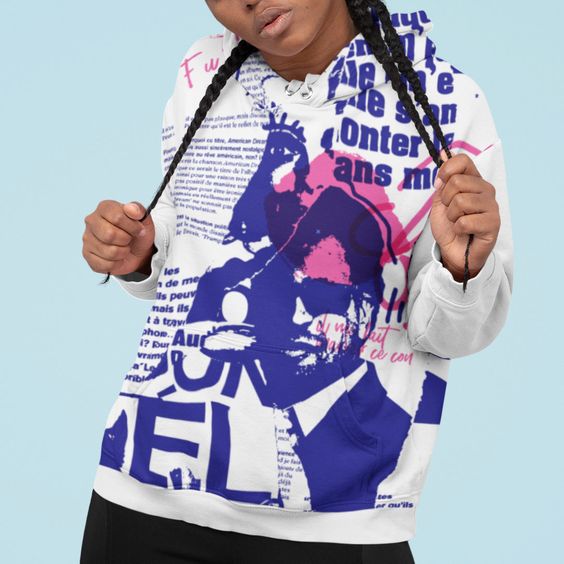 Rock this unique “Revue de presse” hoodie, the design is a carefully crafted handmade collage from different excerpts of musician interviews along with other French media tidbits for one of our most special pieces. Smooth, comfortable fabric Adjustable drawstring hood Drawstring metal accents Front hand pocket