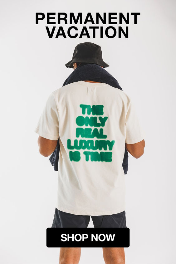 Our LUXURY T-shirt is a premium shirt which is made with soft yet durable cotton. The T-shirt is a slightly oversized with a timeless traditional fit. The design features a distorted Permanent Vacation logo on the front and the words “The Only Real Luxury is Time” on the back in large print.