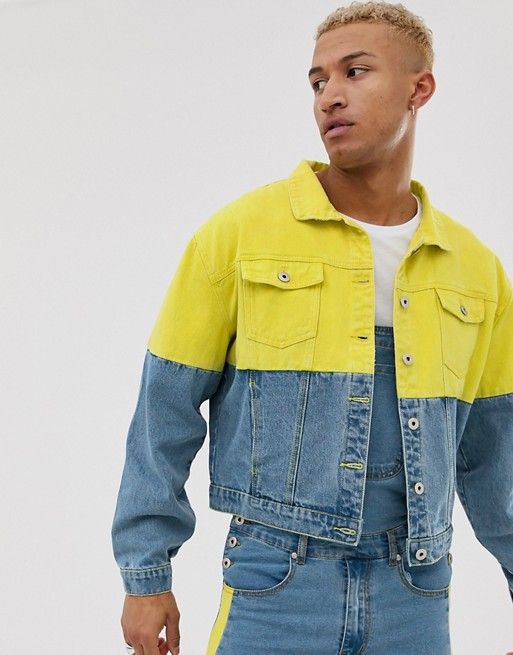 Liquor N Poker denim jacket in stonewash with neon green splice | ASOS