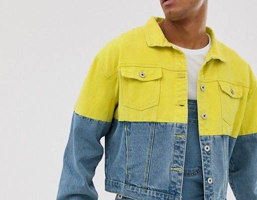 Liquor N Poker denim jacket in stonewash with neon green splice | ASOS