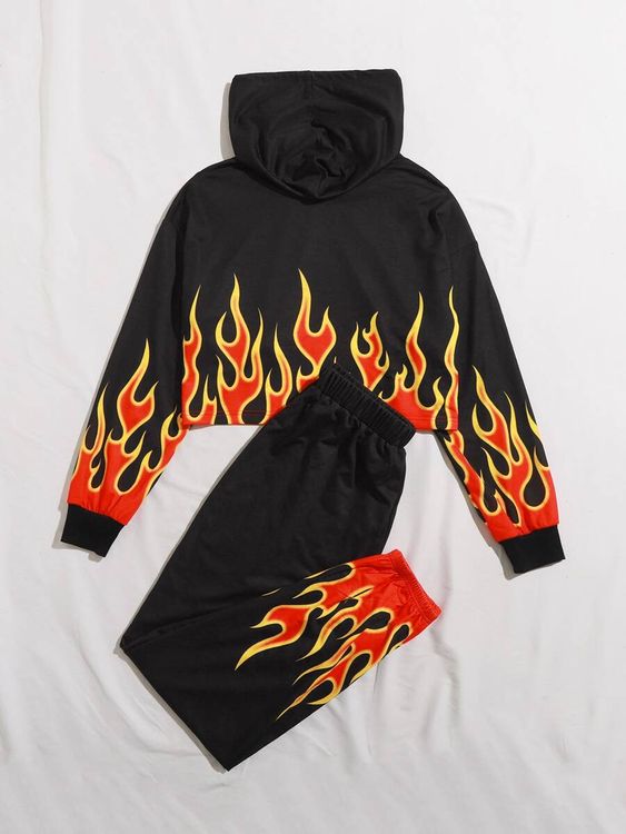 SHEIN Fire Print Crop Hoodie