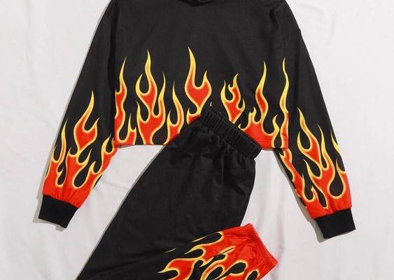 SHEIN Fire Print Crop Hoodie