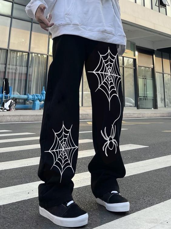 Black Casual Collar  Woven Fabric Graphic Straight Leg Embellished Non-Stretch  Men Bottoms