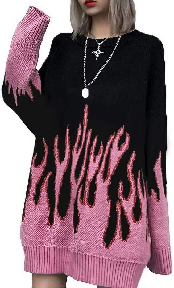 Sweater Long Sleeve Flame Bat Sleeve Jumper Oversized Casual Knitting Pullover Tops