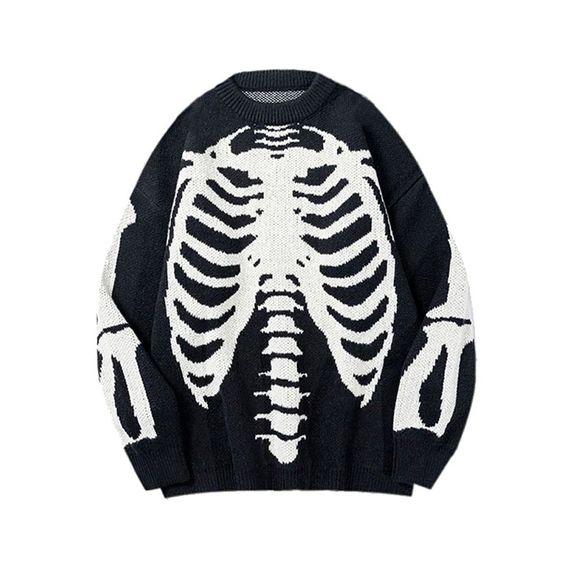 This unisex Skeleton Sweater is a long-lasting garment suitable for everyday use. It has a relaxed fit with a skeleton pattern on the front and sleeves. Buy Gothic Punk Pullover in black at an affordable price.