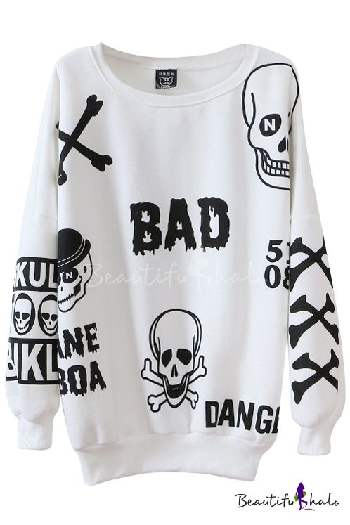 Skull Print Round Neck Long Sleeve Sweatshirt