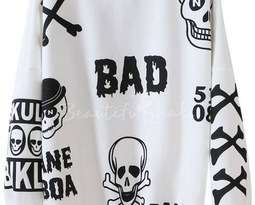 Skull Print Round Neck Long Sleeve Sweatshirt