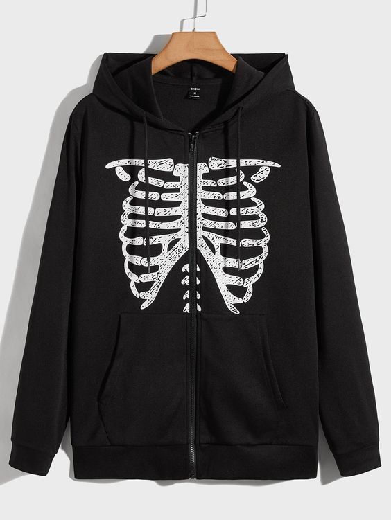 Men Skeleton Print Kangaroo Pocket Hoodie
