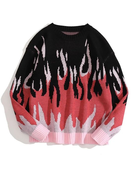 Fire Pattern Drop Shoulder Sweater -SHEIN