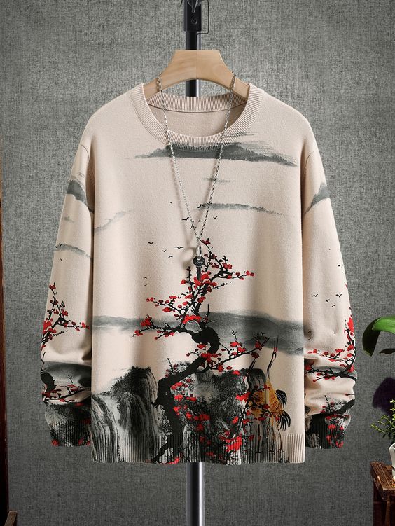 Multicolor Casual Collar Long Sleeve Fabric Floral Pullovers Embellished High Stretch  Men Clothing
