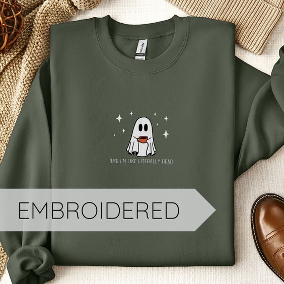 Ghost Embroidered Sweatshirt | Omg Im Like Literally Dead, Halloween embroidery designs, spooky month ghost embroidered sweatshirt