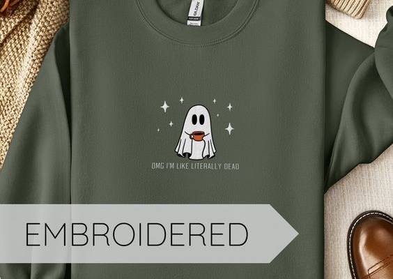 Ghost Embroidered Sweatshirt | Omg Im Like Literally Dead, Halloween embroidery designs, spooky month ghost embroidered sweatshirt