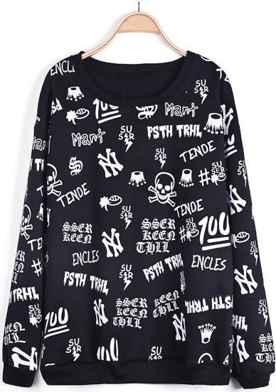 Black Long Sleeve Skull Print Loose Sweatshirt