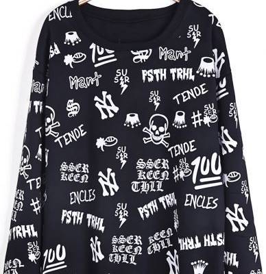 Black Long Sleeve Skull Print Loose Sweatshirt