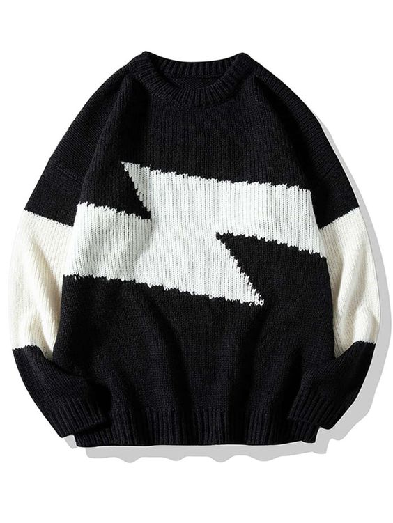 Black and White Casual Collar Long Sleeve Worsted Colorblock Pullovers Embellished Non-Stretch  Men Knitwear