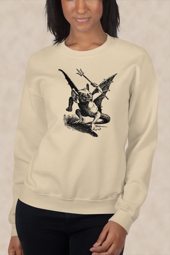 A sturdy and warm sweatshirt featuring a classic depiction of a demon, with horns, a tail, and a pitchfork. The design is inspired by traditional folklore and mythology.