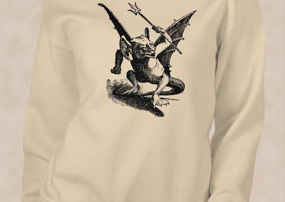 A sturdy and warm sweatshirt featuring a classic depiction of a demon, with horns, a tail, and a pitchfork. The design is inspired by traditional folklore and mythology.
