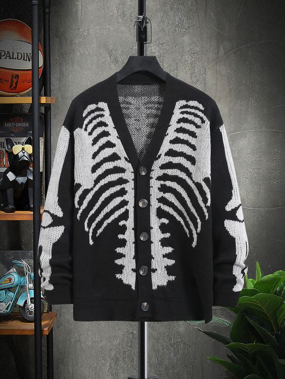 Black and White Street Collar Long Sleeve Fabric Halloween  Embellished Slight Stretch Spring/Fall Men Knitwear