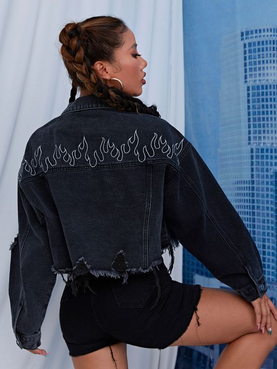 Black Casual  Long Sleeve Denim Fire Other Embellished Non-Stretch  Women Denim