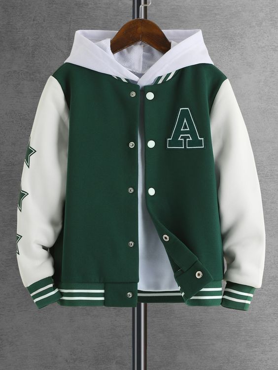 Dark Green Casual Collar Long Sleeve Knitted Fabric Colorblock,Letter Varsity Embellished Slight Stretch  Boys Clothing