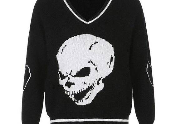 Material: Acrylic Season: Spring/Autumn Material Composition: Acrylic Technics: Computer Knitted Pattern Type: Skulls Clothing Length: Regular Collar: V-Neck Item Type: Pullovers Sleeve Length(cm): Full Sleeve Style: Regular Decoration: NONE Thickness: STANDARD Closure Type: None Gender: WOMEN Style: Soft Egirl Style Size (cm) Shoulder Chest Width Waist Width Length Sleeve Length S 52.0 108.0 90.0 60.0 44.0 M 54.0 112.0 94.0 62.0 46.0 L 56.0 116.0 98.0 64.0 48.0 Size (inch) Shoulder Chest Width