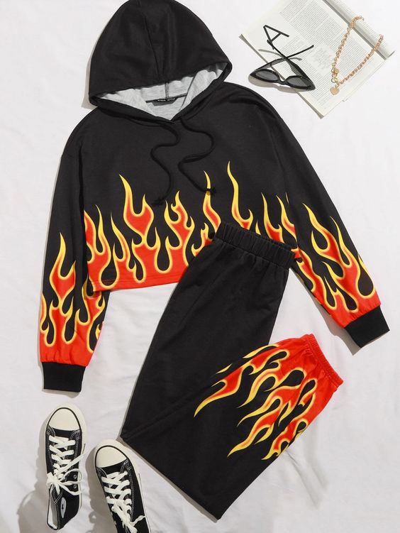 SHEIN Fire Print Crop Hoodie