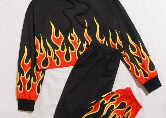 SHEIN Fire Print Crop Hoodie