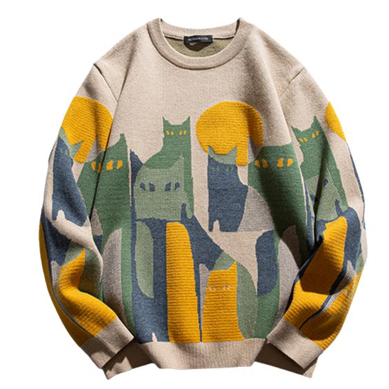 This Vintage Cat Knitted Sweater is the perfect addition to any cat lover’s wardrobe. Made from high-quality wool and acrylic blend, this sweater is soft and comfortable to wear. The knitted design features these cute vintage cat patterns, complete with colorful eyes and body, that will make you stand out from the crowd. Features: -100% Polyester -Knitted crew neck -Dropped shoulder -Unisex style -Regular fit