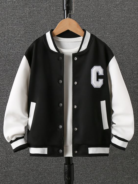 Black and White Casual Collar Long Sleeve Fabric Colorblock,Letter Varsity Embellished Slight Stretch  Girls Clothing