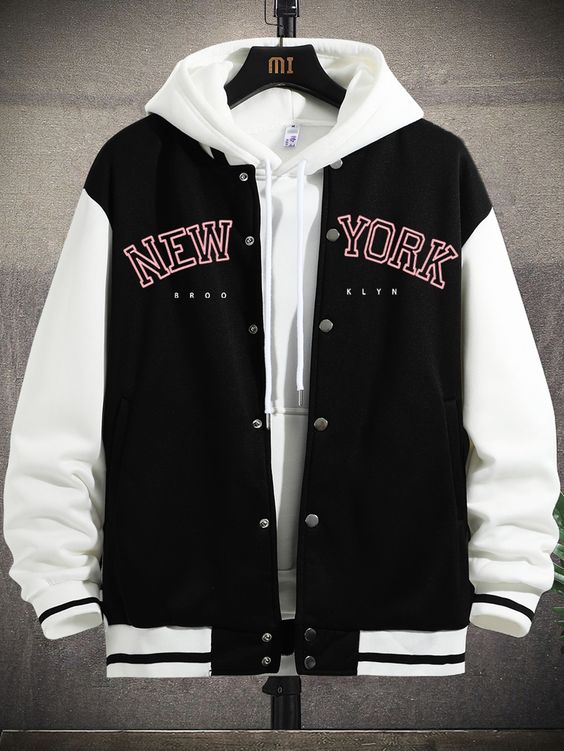 Men Letter Graphic Striped Trim Drop Shoulder Varsity Jacket Without Hoodie