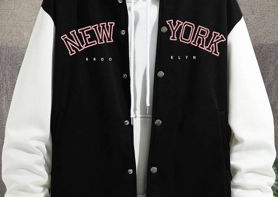 Men Letter Graphic Striped Trim Drop Shoulder Varsity Jacket Without Hoodie