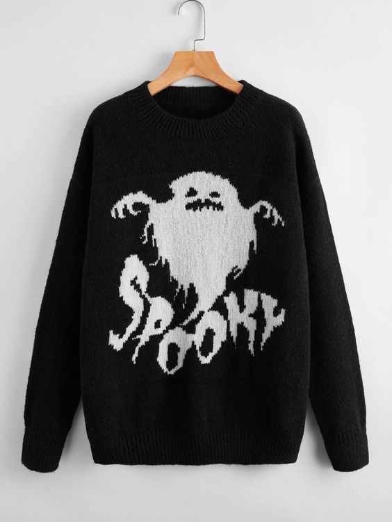 Drop Shoulder Spooky Pattern Sweater Easy 30 day return policy