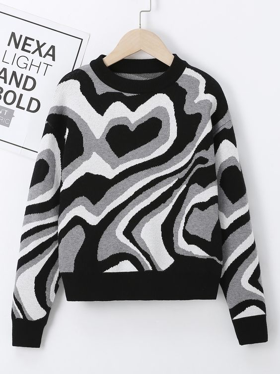 Black and White Casual  Long Sleeve Acrylic Graphic,Heart Pullovers Embellished Medium Stretch Spring/Fall Girls Clothing