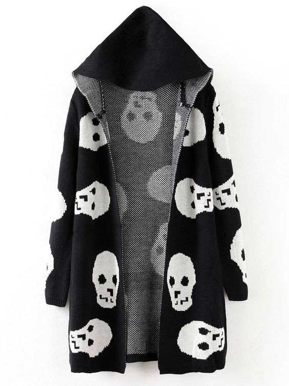 Black Hooded Long Sleeve Skull Pattern Cardigan