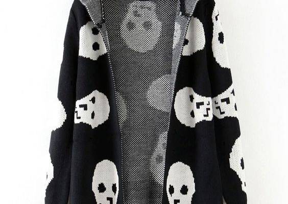 Black Hooded Long Sleeve Skull Pattern Cardigan