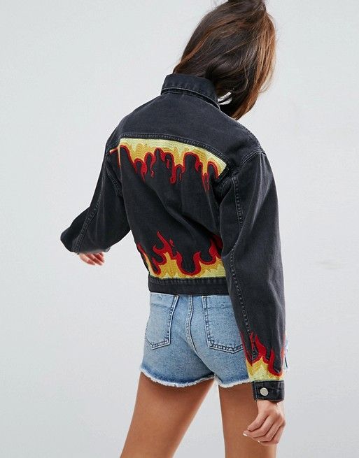 ASOS Denim Girlfriend Jacket in Washed Black with Flame Embroidery | ASOS
