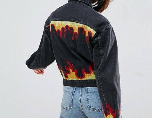 ASOS Denim Girlfriend Jacket in Washed Black with Flame Embroidery | ASOS
