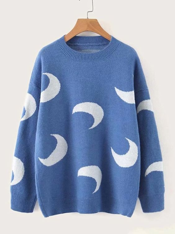 Drop Shoulder Moon Pattern Sweater