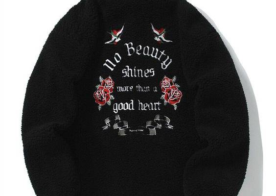Flower Embroidery Zip Up Thermal Jacket