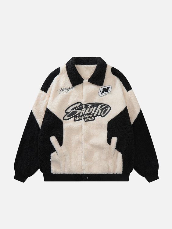 TALISHKO™ – Patchwork Letters Racing Sherpa Coat – Black / L