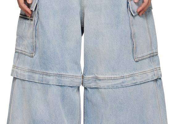 Non-stretch denim jeans. Fading throughout. · Belt loops · Four-pocket styling · Zip-fly · Detachable panels at legs · Cargo pocket at outseams · Leather logo patch at back waistband · Contrast stitching in tan Supplier color: Light blue