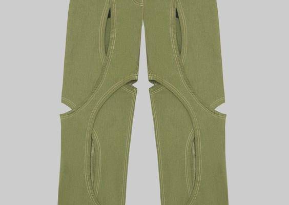 Inspired by the architecture and surrounding buildings of the Designer's hometown of Tashkent. Green denim jeans with circular seaming and cut-outs. Contrast stitching throughout. Circular welt pockets on the backside. Worn with the Moth Hole Vortex Top and Flame Mesh Top.