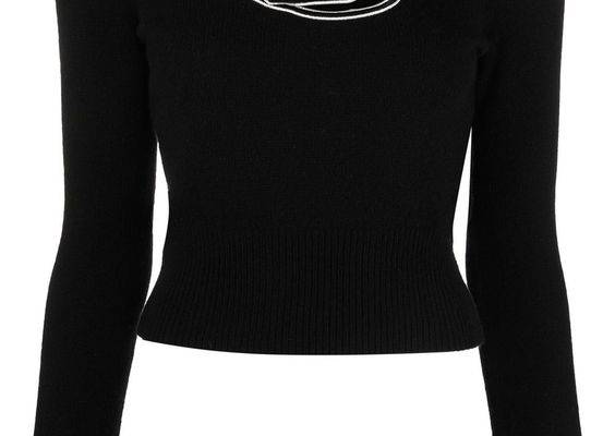 M-Areesa logo-embroidered jumper from DIESEL featuring black, wool-cashmere blend, knitted construction, ribbed-knit edge, embroidered logo to the front, cut-out detailing, crew neck, long sleeves and straight hem. | Diesel M-Areesa logo-embroidered jumper