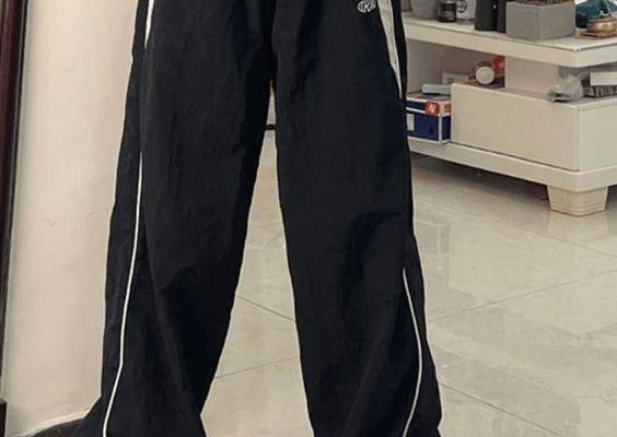 2023 Contrast Piping Black Baggy Sweatpants Black S in Wide Leg Pants Online Store | HouseofHalley.com
